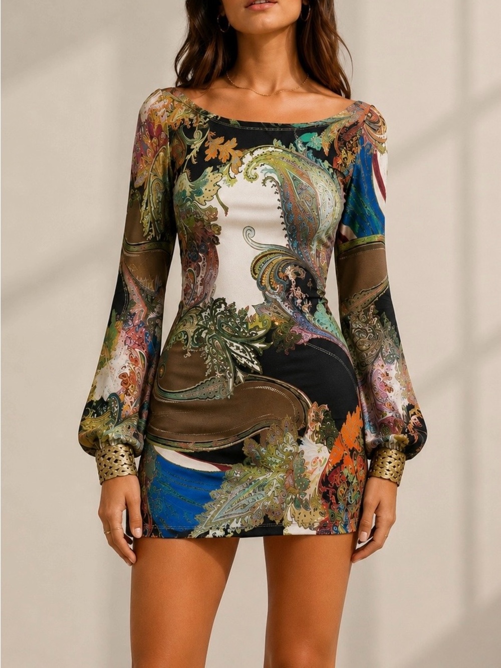 Sky Multicolor Paisley Print Mini Dress with Balloon Sleeves - Picture 1 of 10